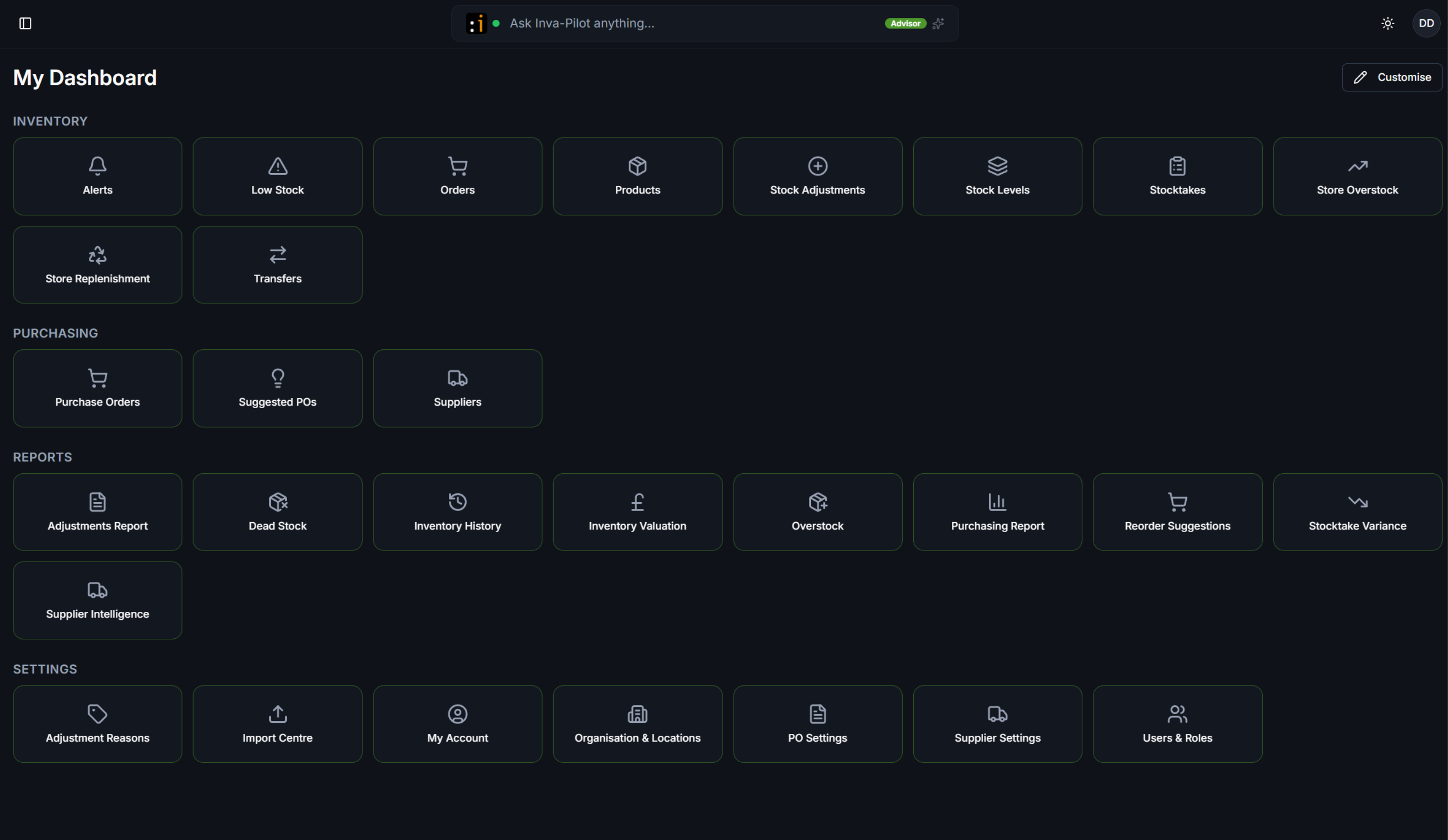 Invastokk dashboard with inventory, purchasing, reports and settings