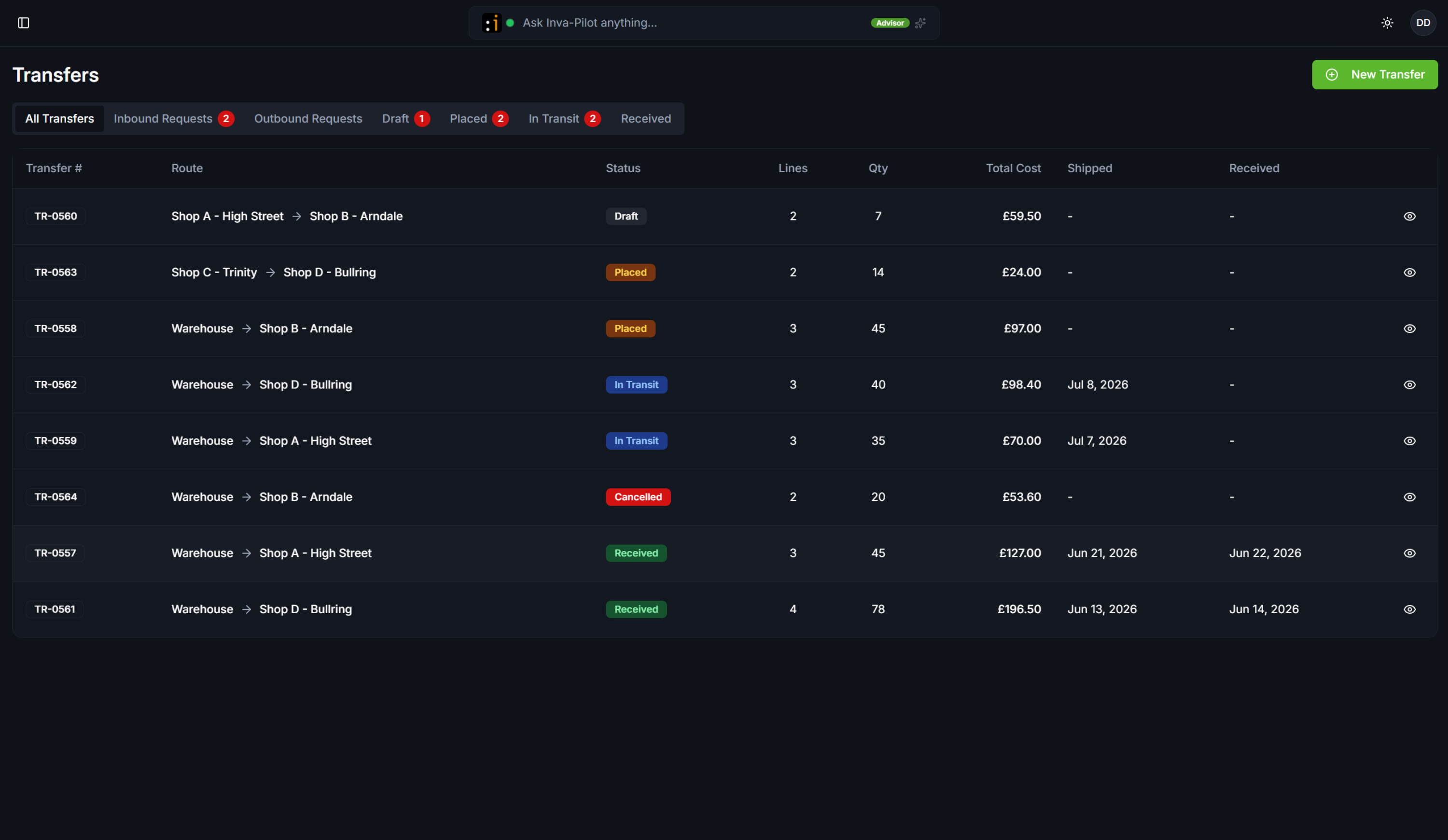 Stock transfers between locations with statuses