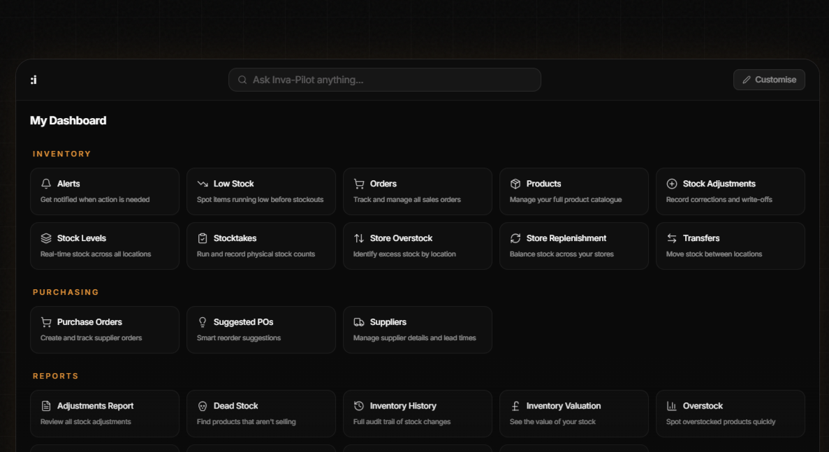 Invastokk dashboard supporting the inventory workflows around a vape retail operation