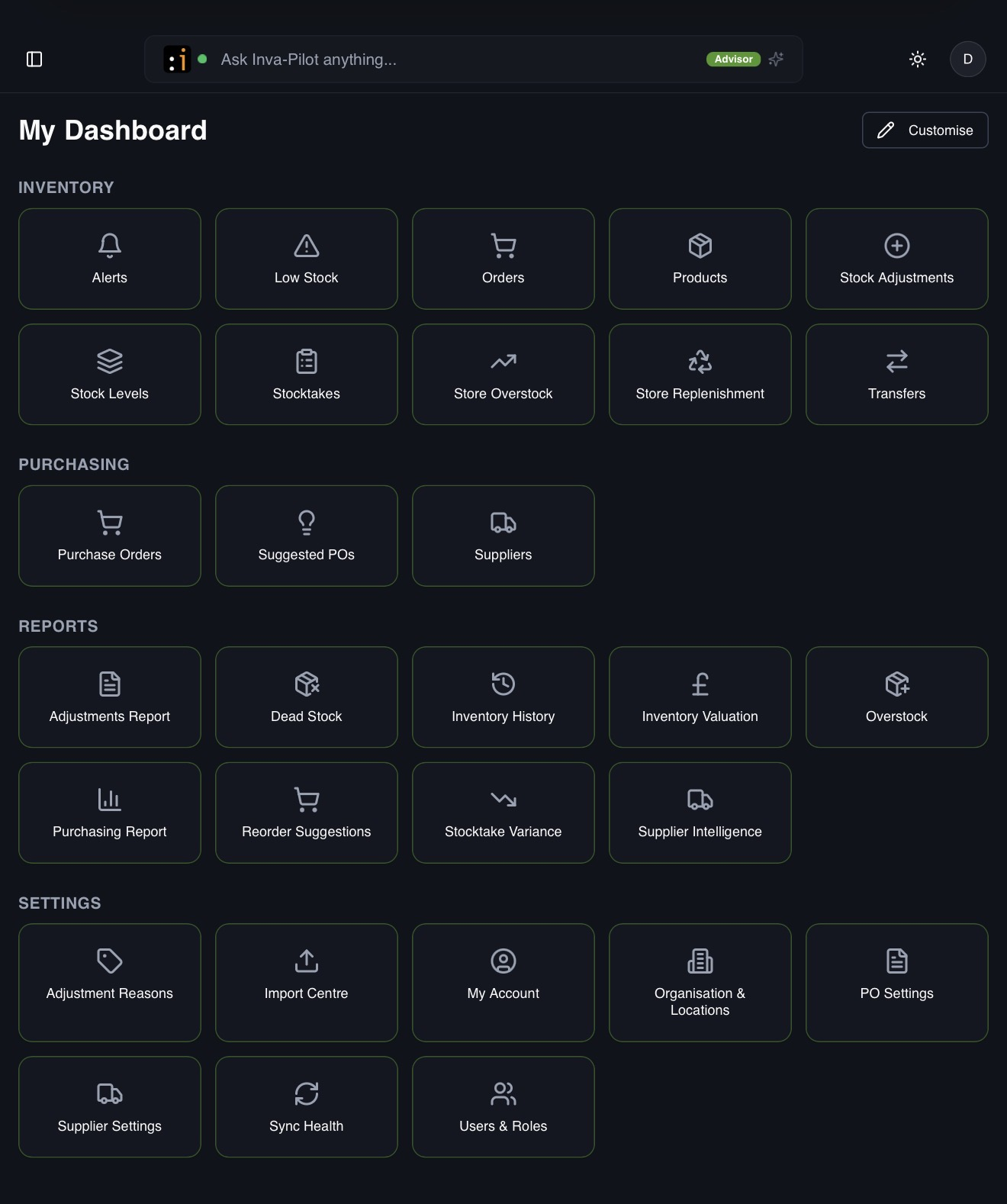 Invastokk inventory dashboard showing stock, purchasing, reporting and account management tools